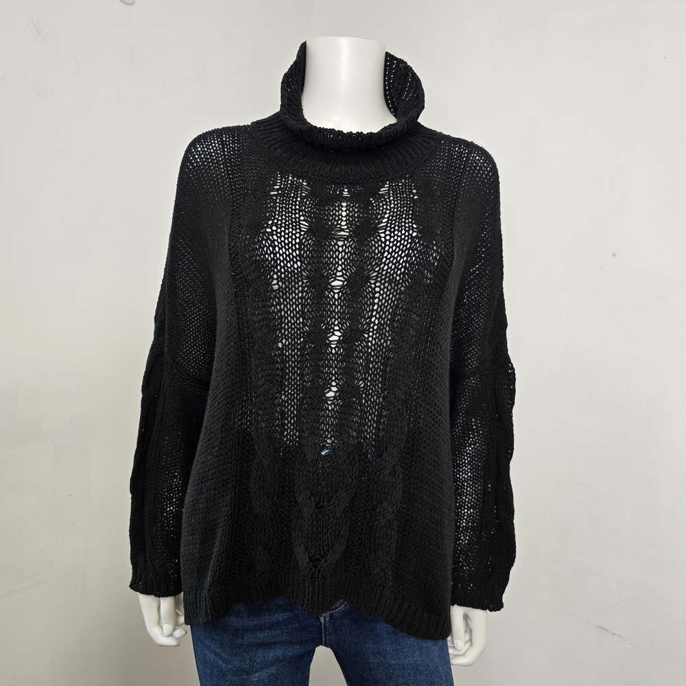 Ivan Grundahl Loose Knit Sweater Cable Knit Black Funnel Neck Lagenlook Size M